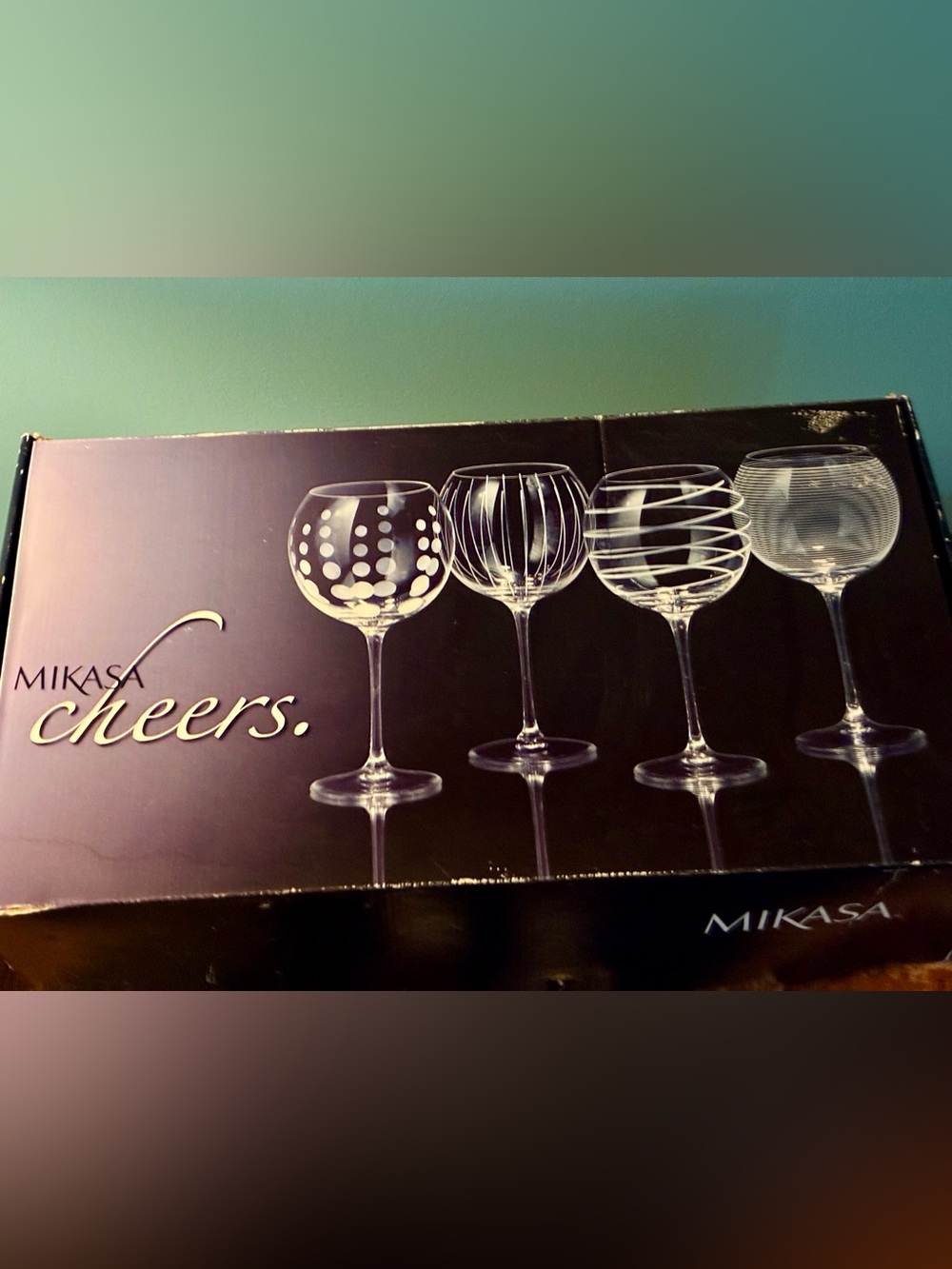 Mikasa Clear Etched Wine Glasses Set with White Pattern - new w tags in box